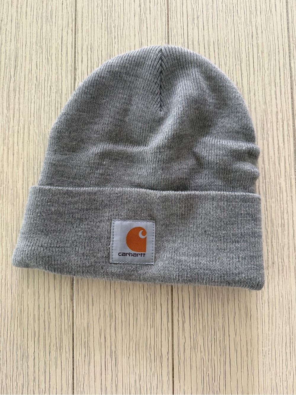 Carhartt Gray Knit Cuffed Beanie with Orange Logo Patch